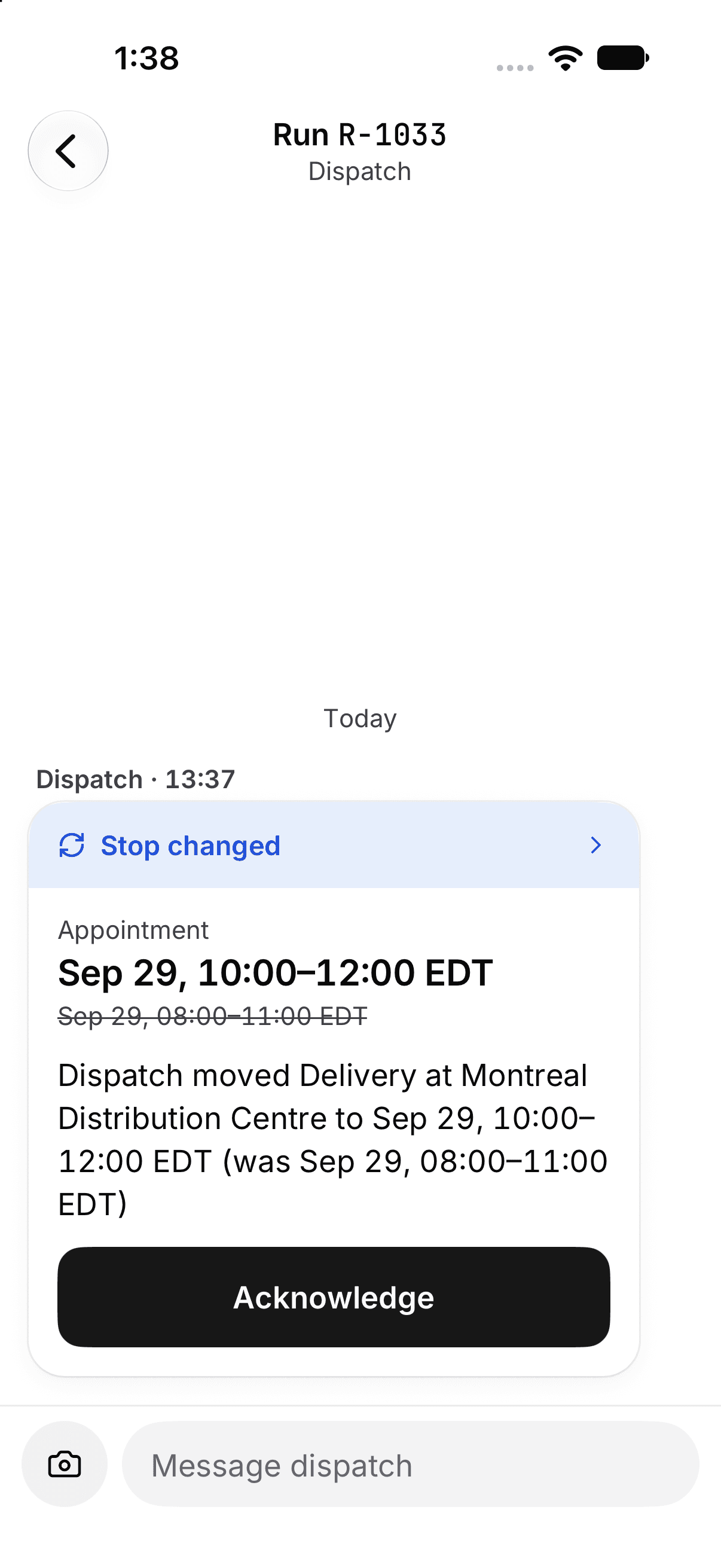 Roadmark dispatch thread showing the previous and new appointment times and an Acknowledge button