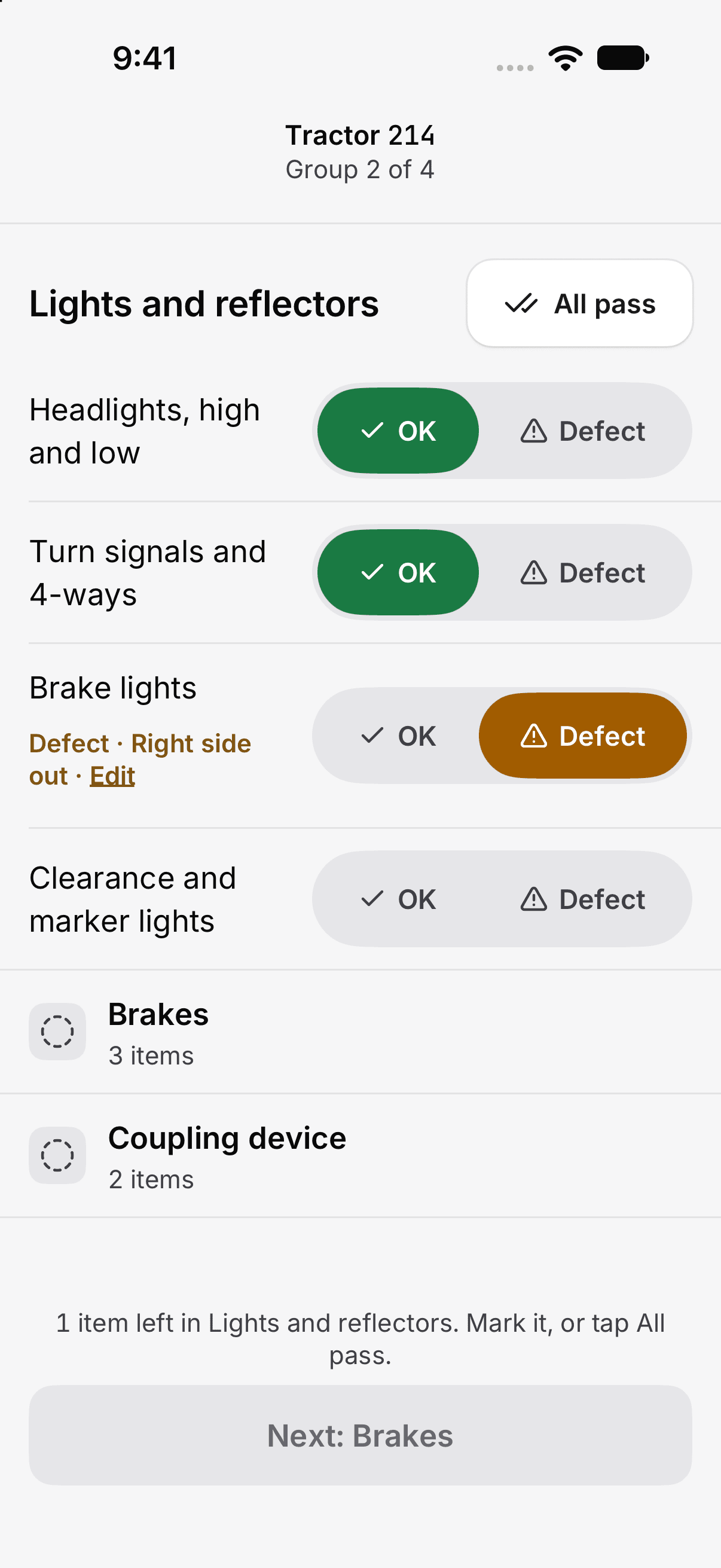 Roadmark inspection checklist with OK and Defect controls for lights and reflectors