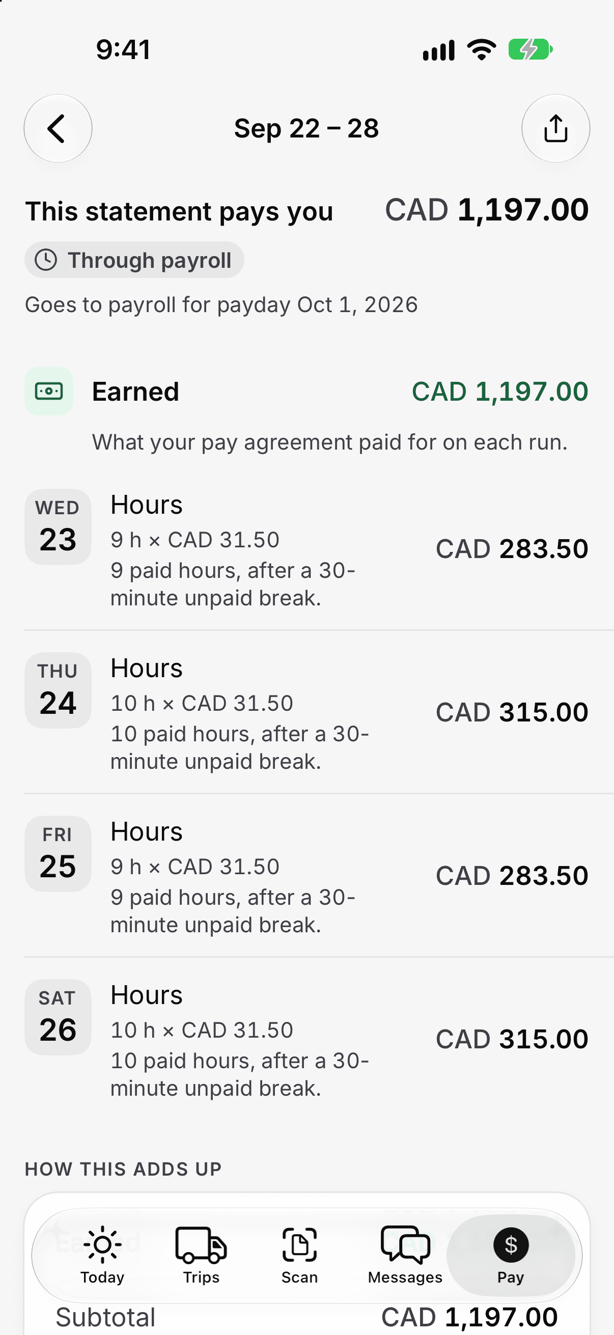 Roadmark pay statement showing earnings, daily hours, the hourly rate and payday