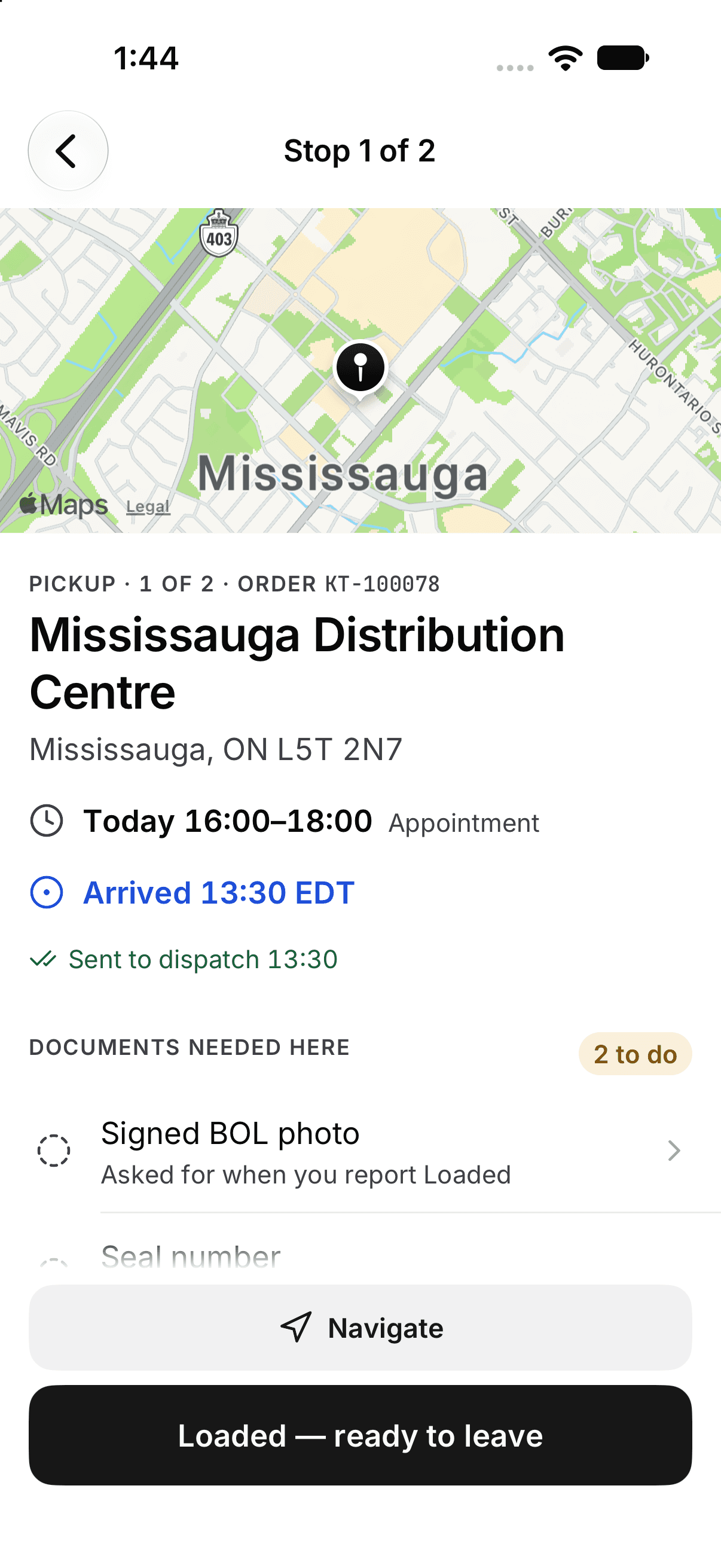Roadmark pickup screen with a map, appointment, arrival status and required documents